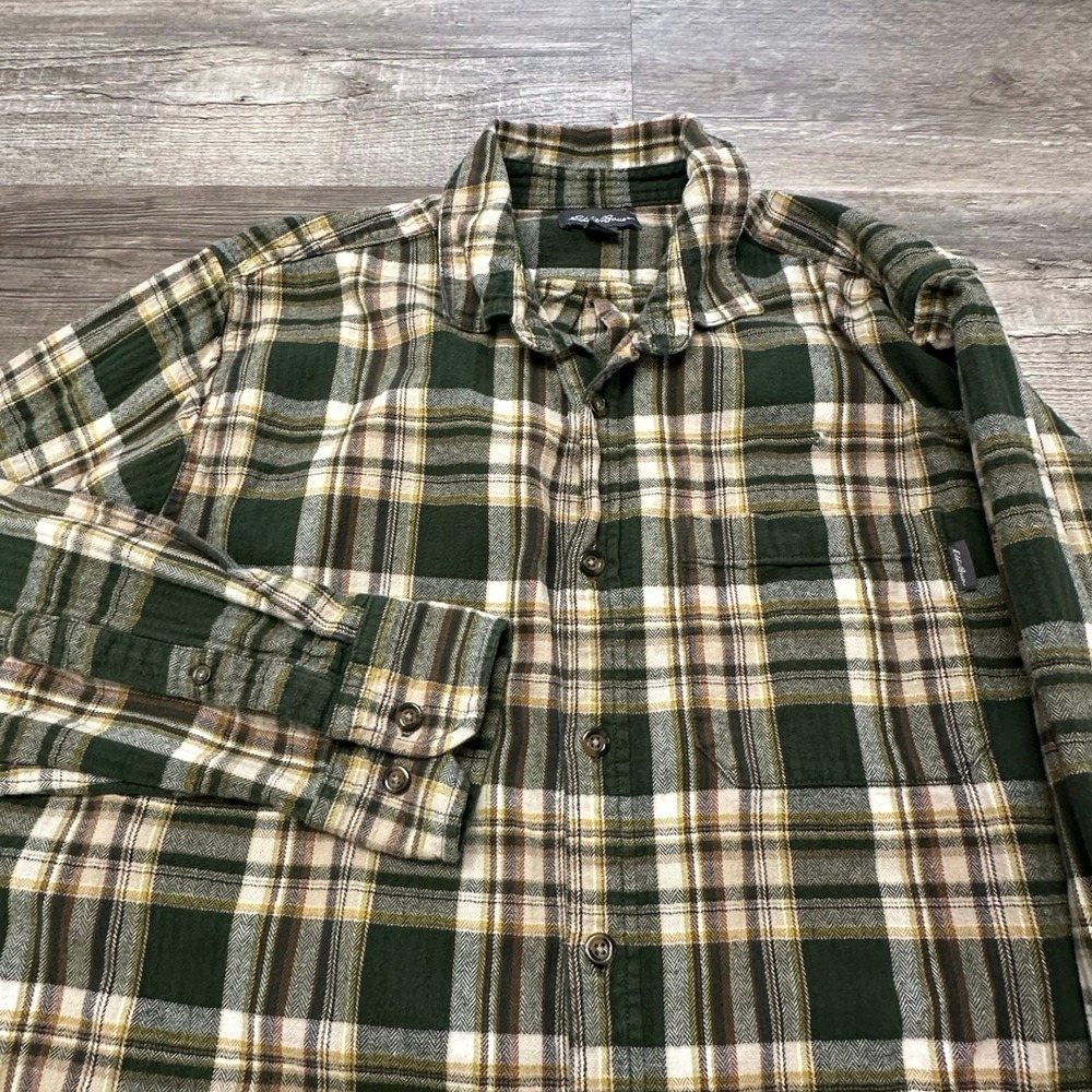 Eddie Bauer‎ Flannel Tartan Plaid Yellow Green Mens L Long Sleeve Button Shirt